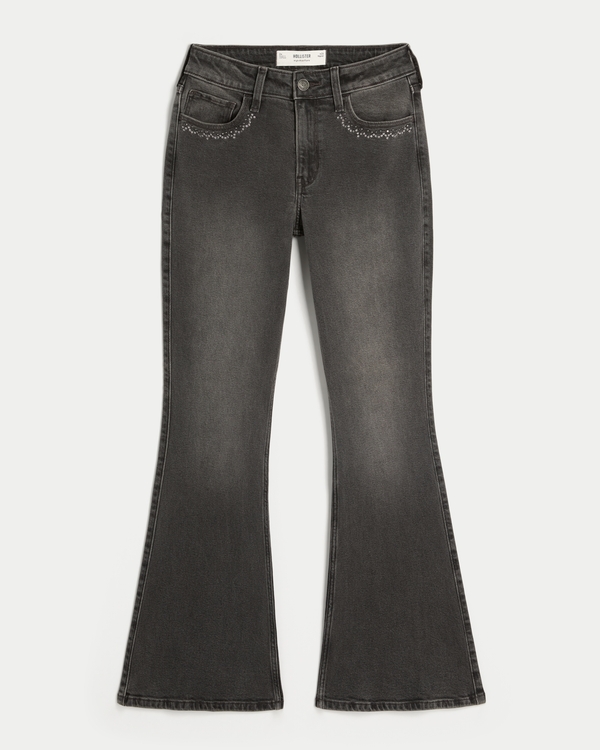 High-Rise Washed Black Embroidered Flare Jeans
