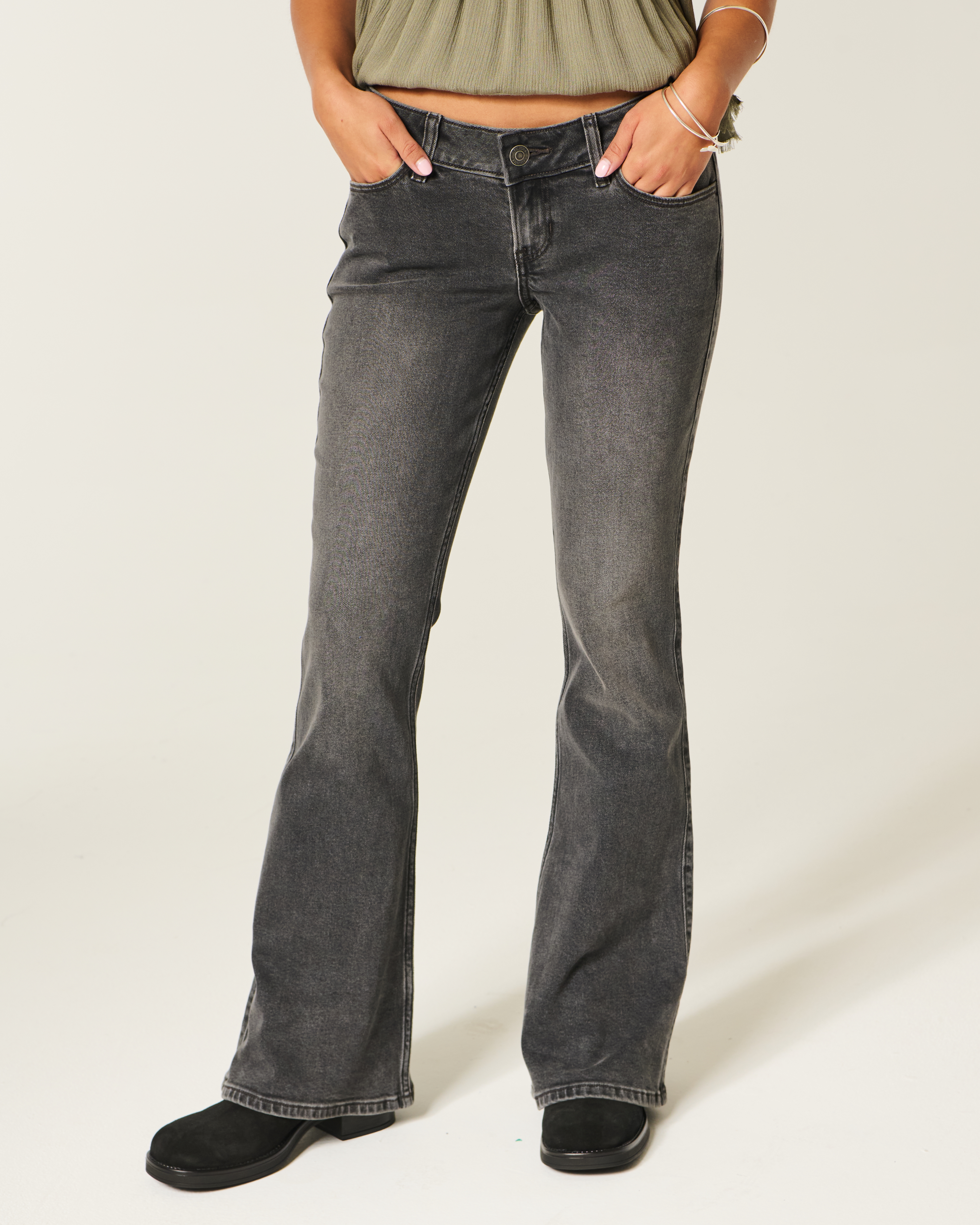 Ultra Low-Rise Washed Black Flare Jeans