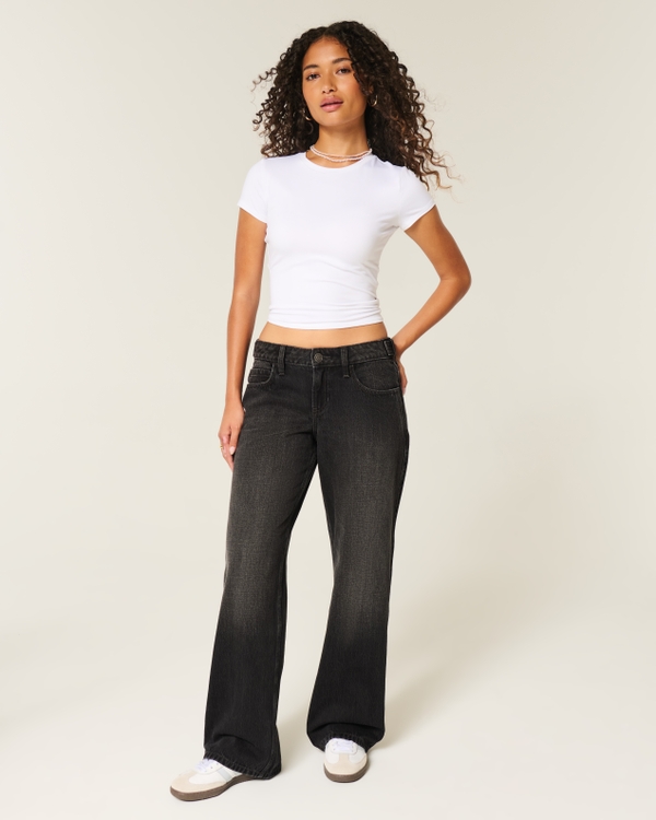 Low-Rise Adjustable Waist Washed Black Baggy Jeans, Washed Black view 1
