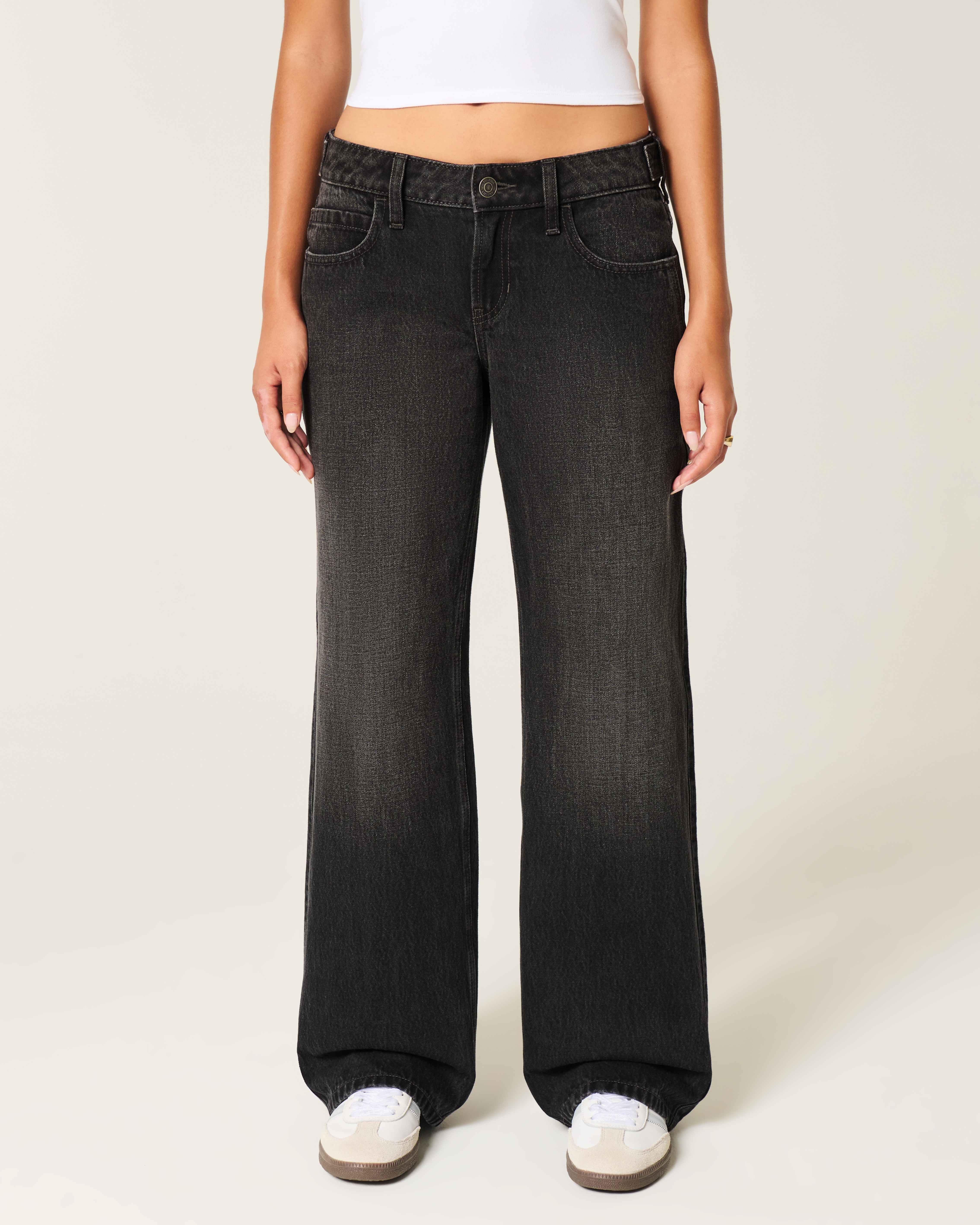 Low-Rise Adjustable Waist Washed Black Baggy Jeans
