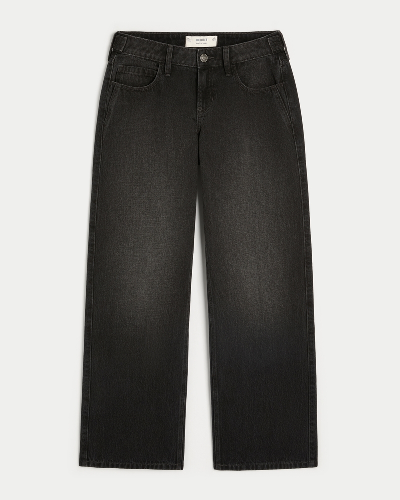 Women's Low-Rise Adjustable Waist Washed Black Baggy Jeans