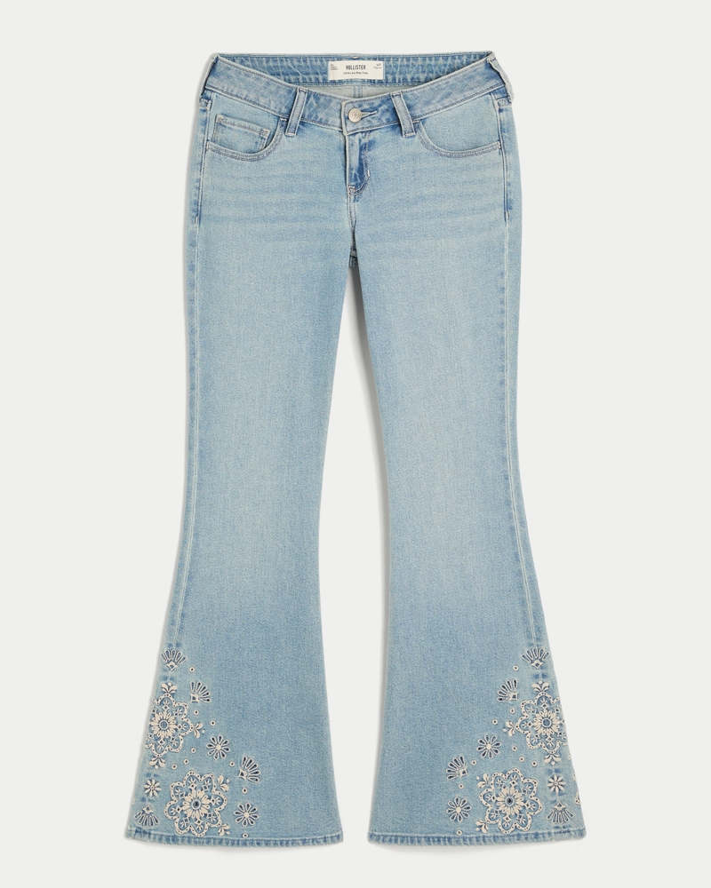 Ultra Low-Rise Light Wash Floral Embroidery Flare Jeans