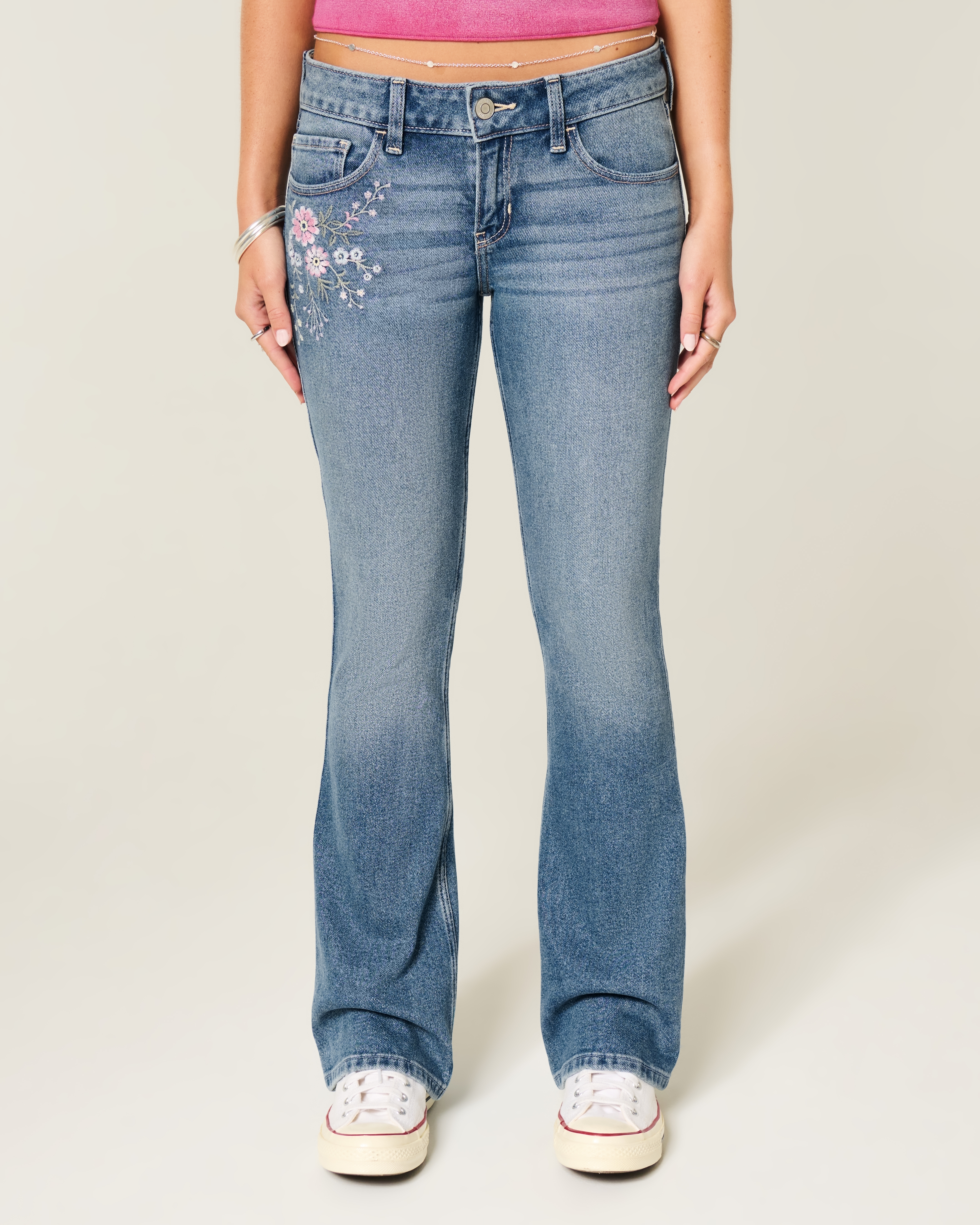 Low-Rise Medium Wash Floral Embroidery Bootcut Jeans