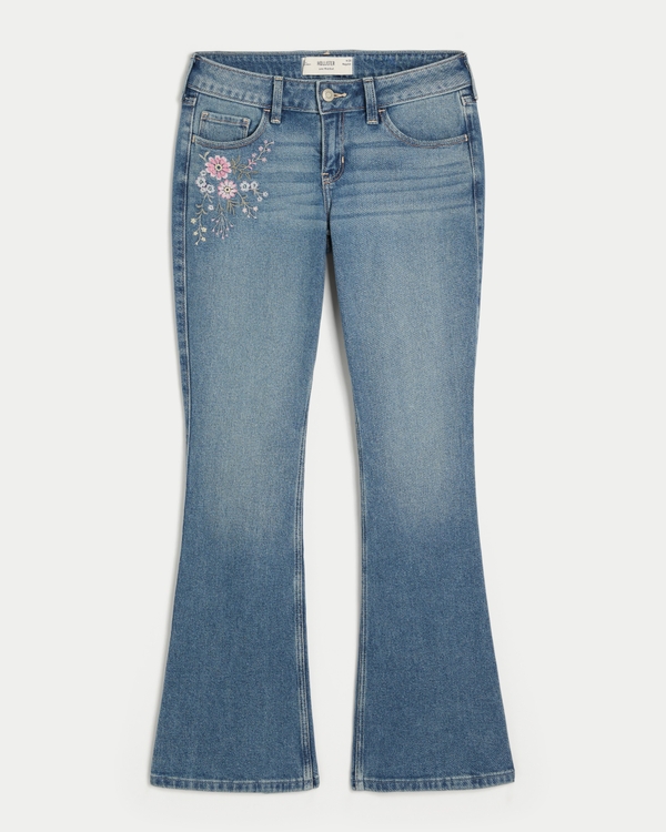 Low-Rise Medium Wash Floral Embroidery Boot Jeans, Medium view 1