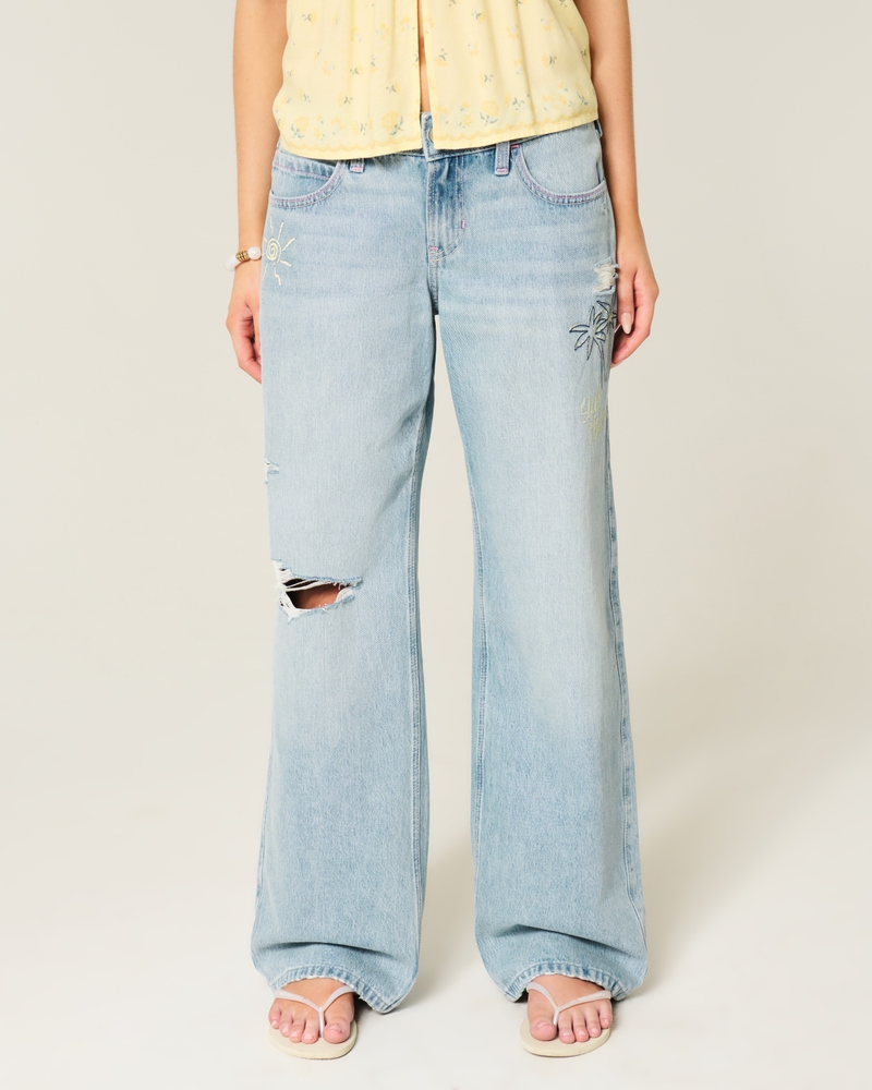 Low-Rise Ripped Light Wash Graphic Baggy Jeans