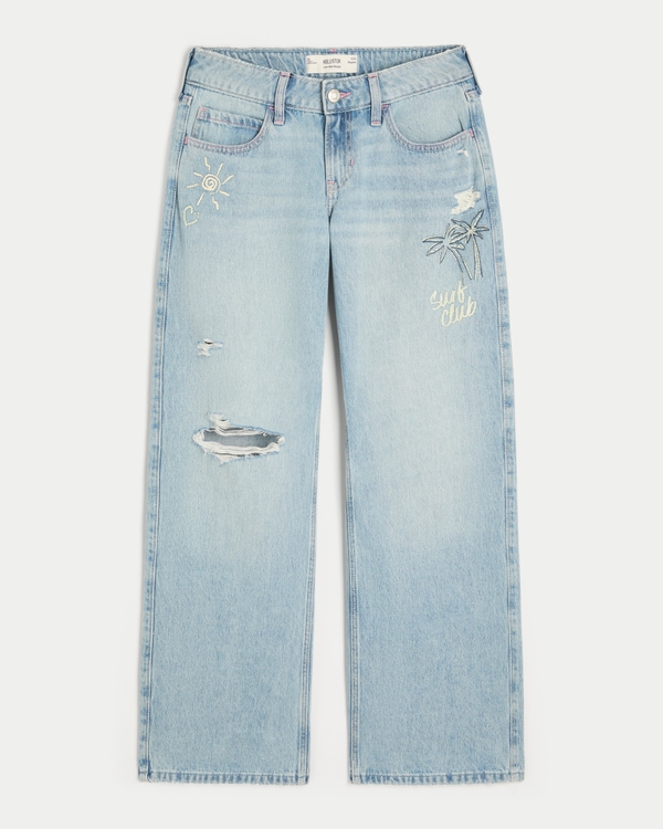 Low-Rise Ripped Light Wash Graphic Baggy Jeans