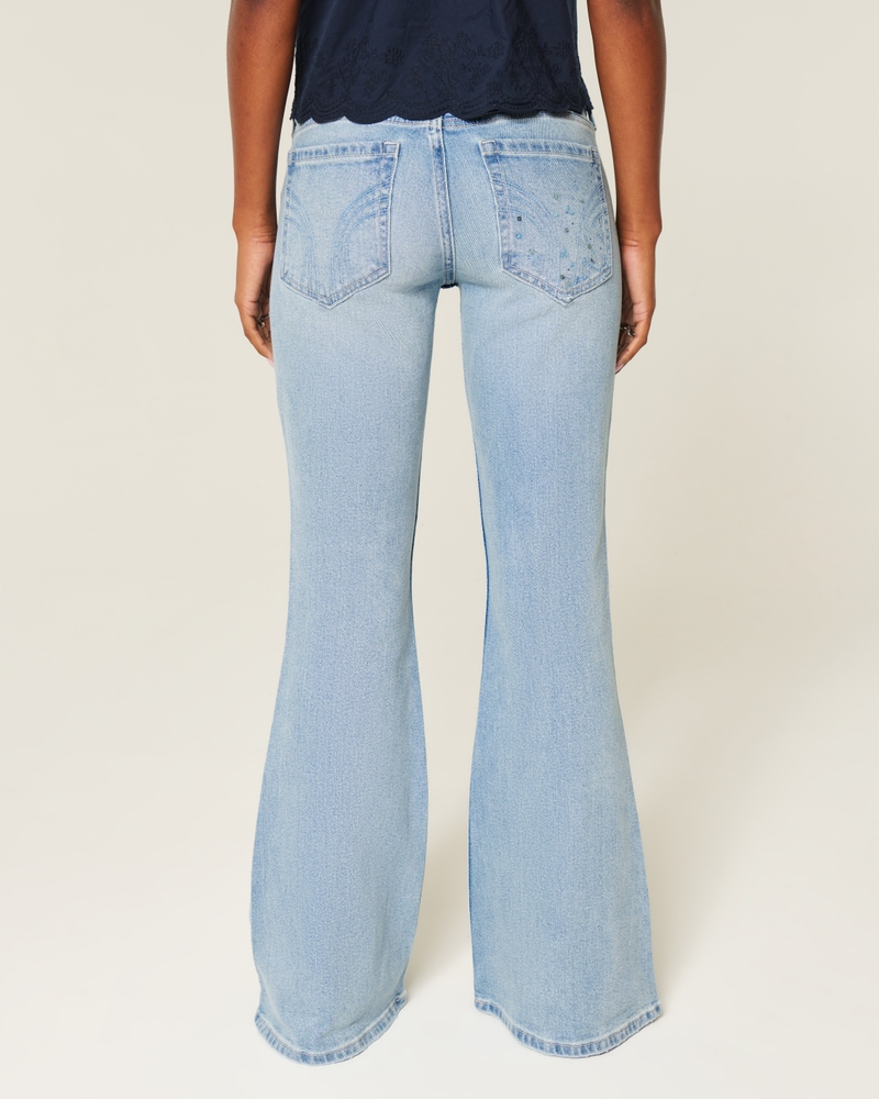 Ultra Low-Rise Distressed Light Wash Sequin Flare Jeans