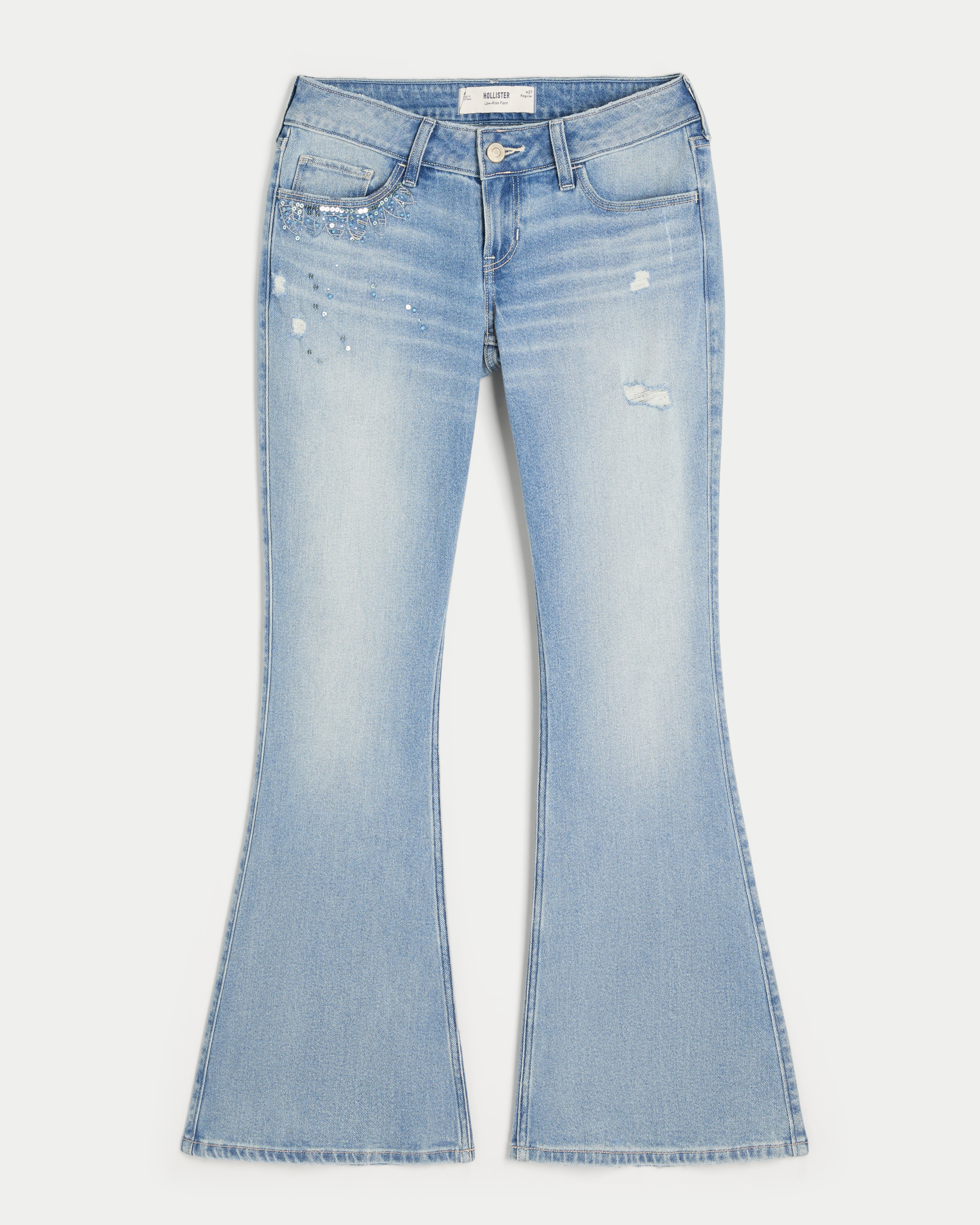 Ultra Low-Rise Distressed Light Wash Sequin Flare Jeans