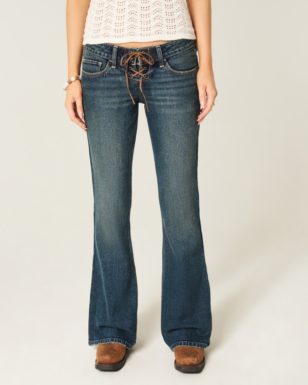 Ultra Low-Rise Dark Wash Lace-Up Flare Jeans, Dark view 2