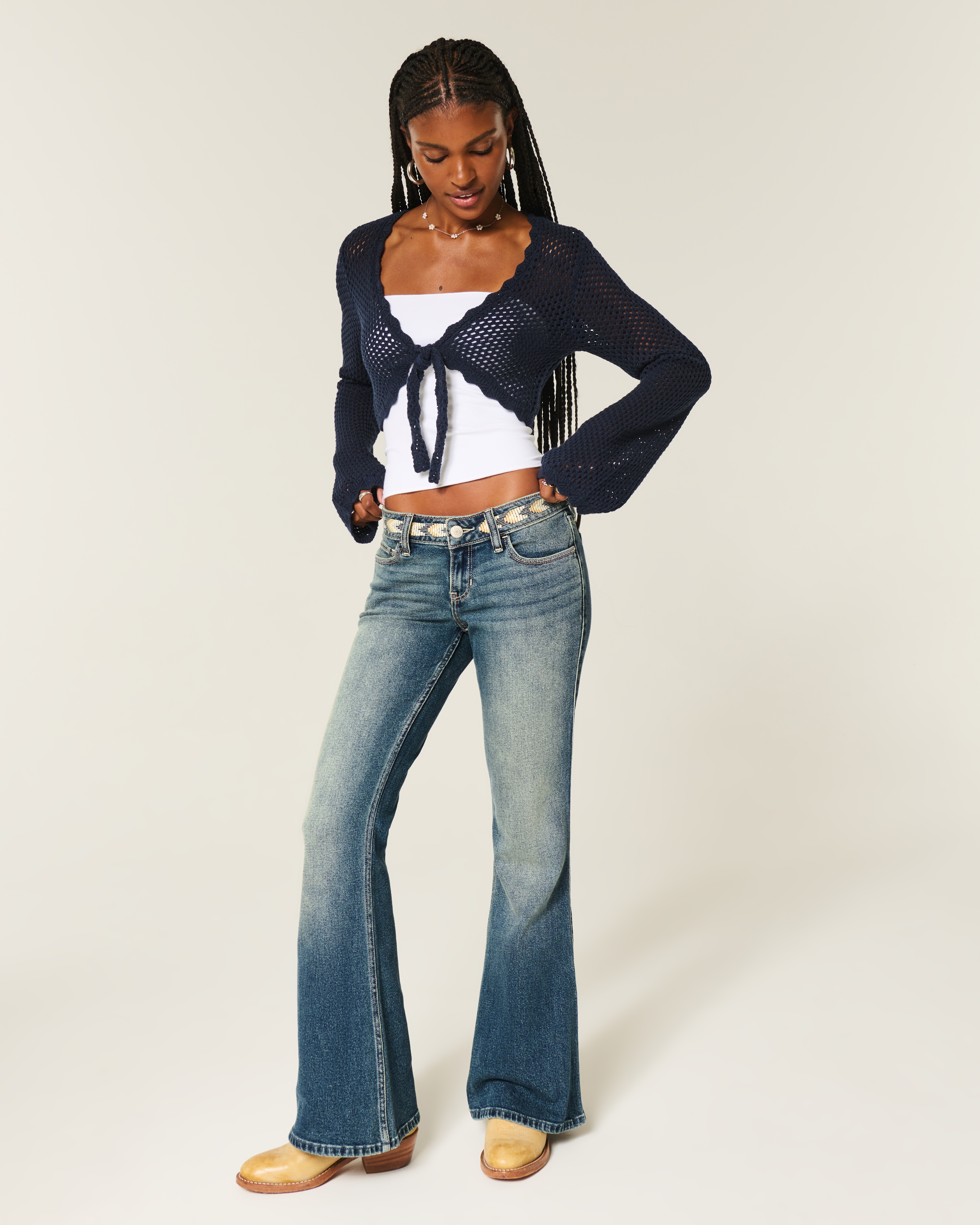Ultra Low-Rise Medium Wash Embroidered Flare Jeans