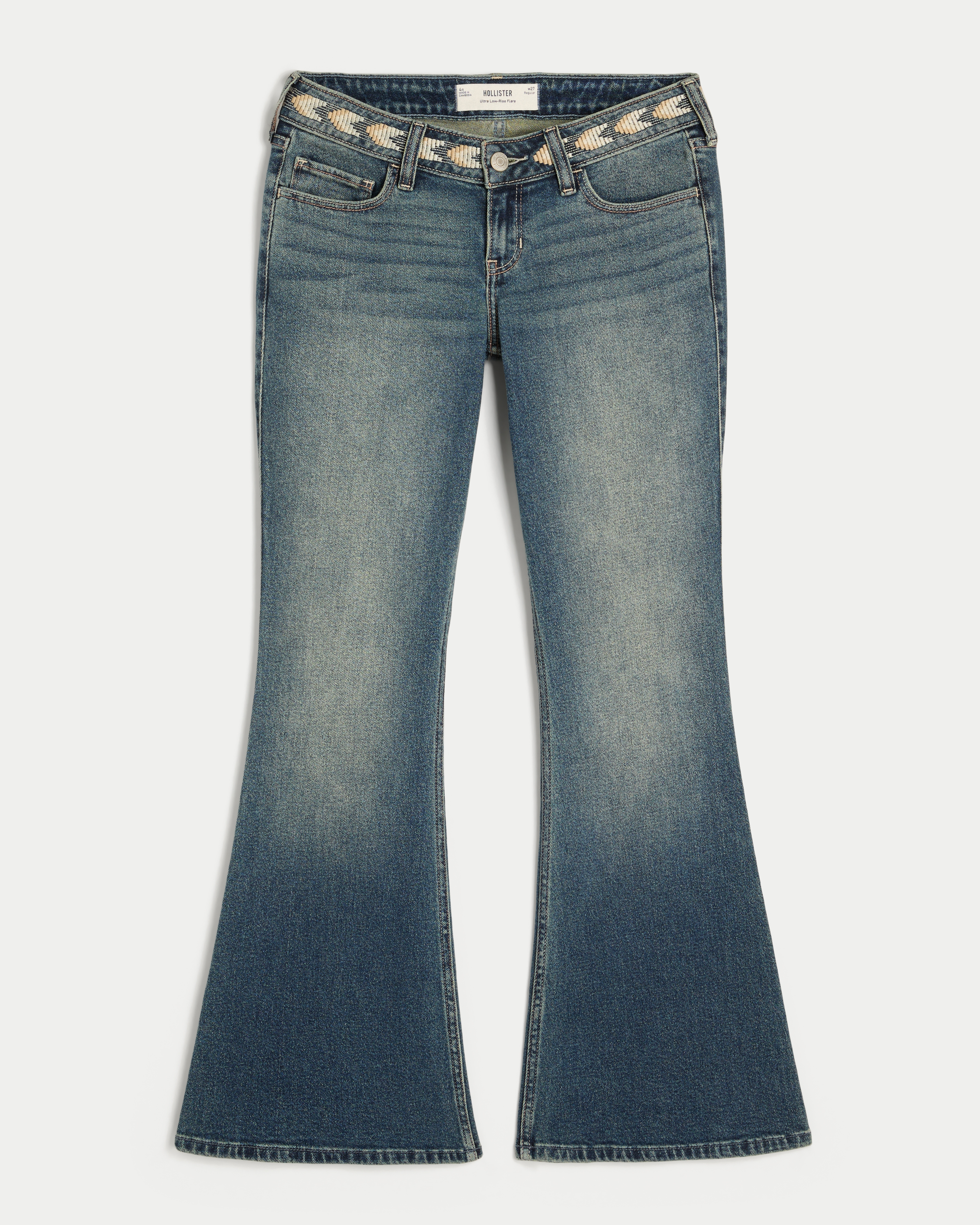 Ultra Low-Rise Medium Wash Embroidered Flare Jeans