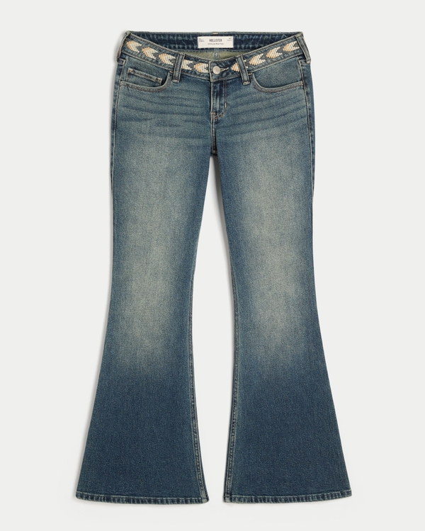 Ultra Low-Rise Medium Wash Embroidered Flare Jeans