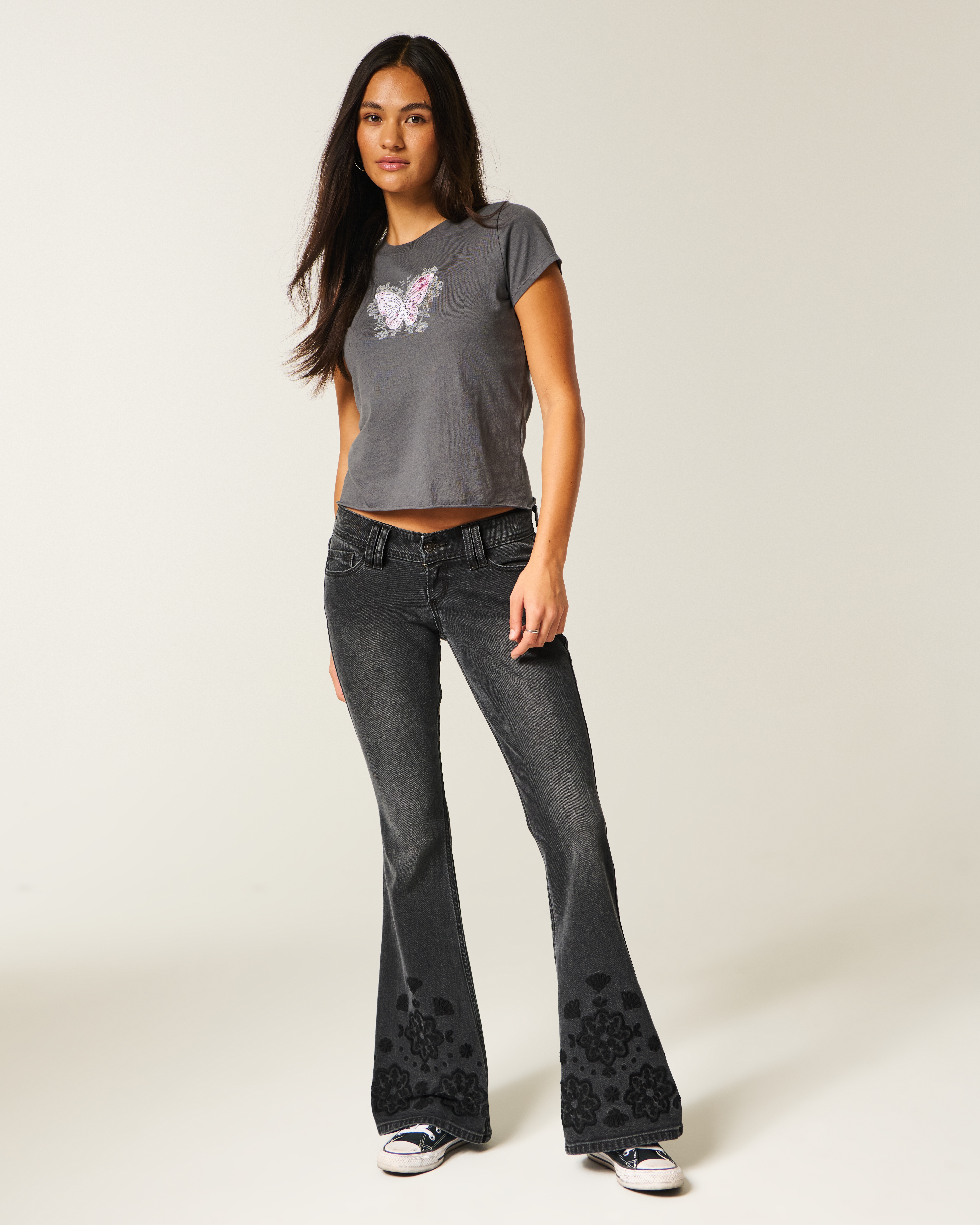 Ultra Low-Rise Floral Embroidery Washed Black Flare Jeans