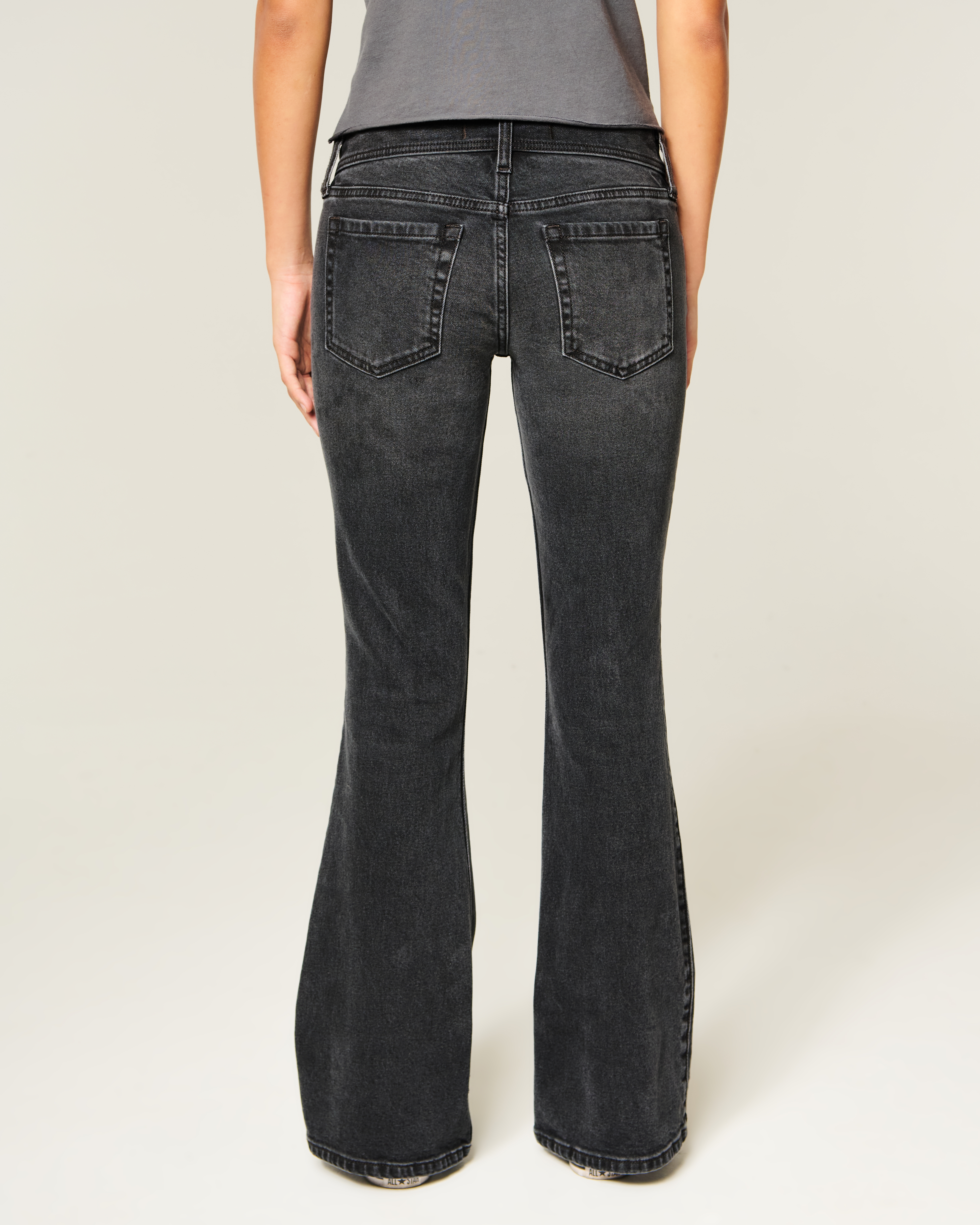 Ultra Low-Rise Floral Embroidery Washed Black Flare Jeans