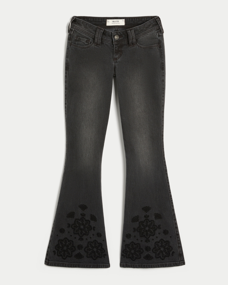Ultra Low-Rise Floral Embroidery Washed Black Flare Jeans