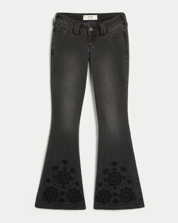 Ultra Low-Rise Floral Embroidery Washed Black Flare Jeans