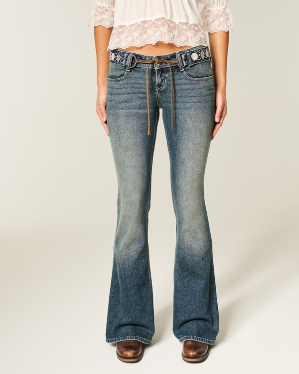 Ultra Low-Rise Embroidered Belt Medium Wash Flare Jeans, Medium view 2