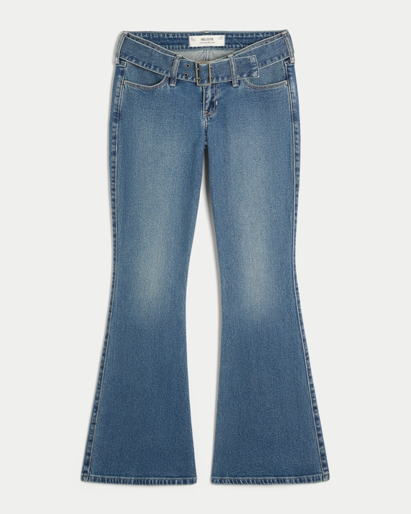 Ultra Low-Rise Dark Wash Belted Flare Jeans, Medium view 1