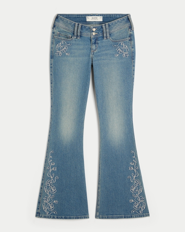 Ultra Low-Rise Medium Wash Floral Embroidery Flare Jeans, Medium view 1