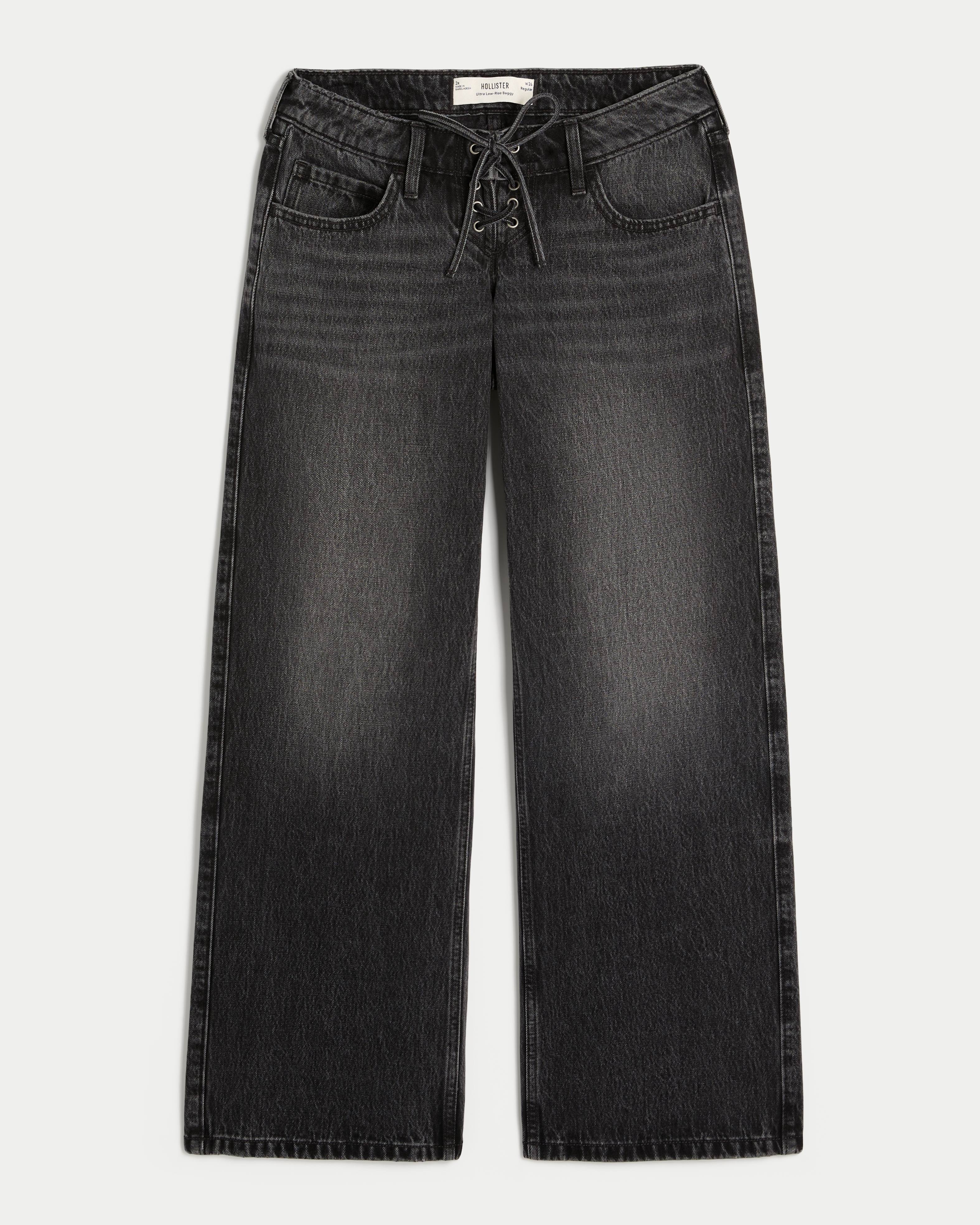 Ultra Low-Rise Washed Black Lace-Up Baggy Jeans