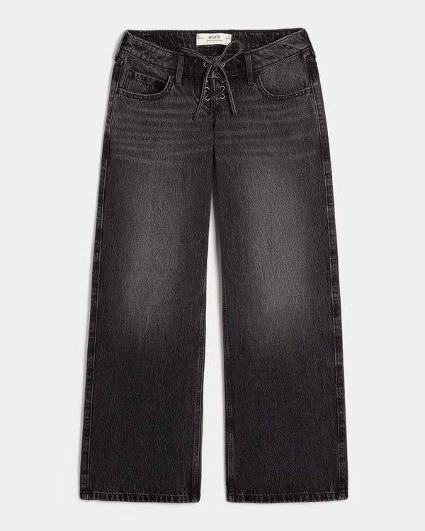Ultra Low-Rise Washed Black Lace-Up Baggy Jeans, Washed Black view 1