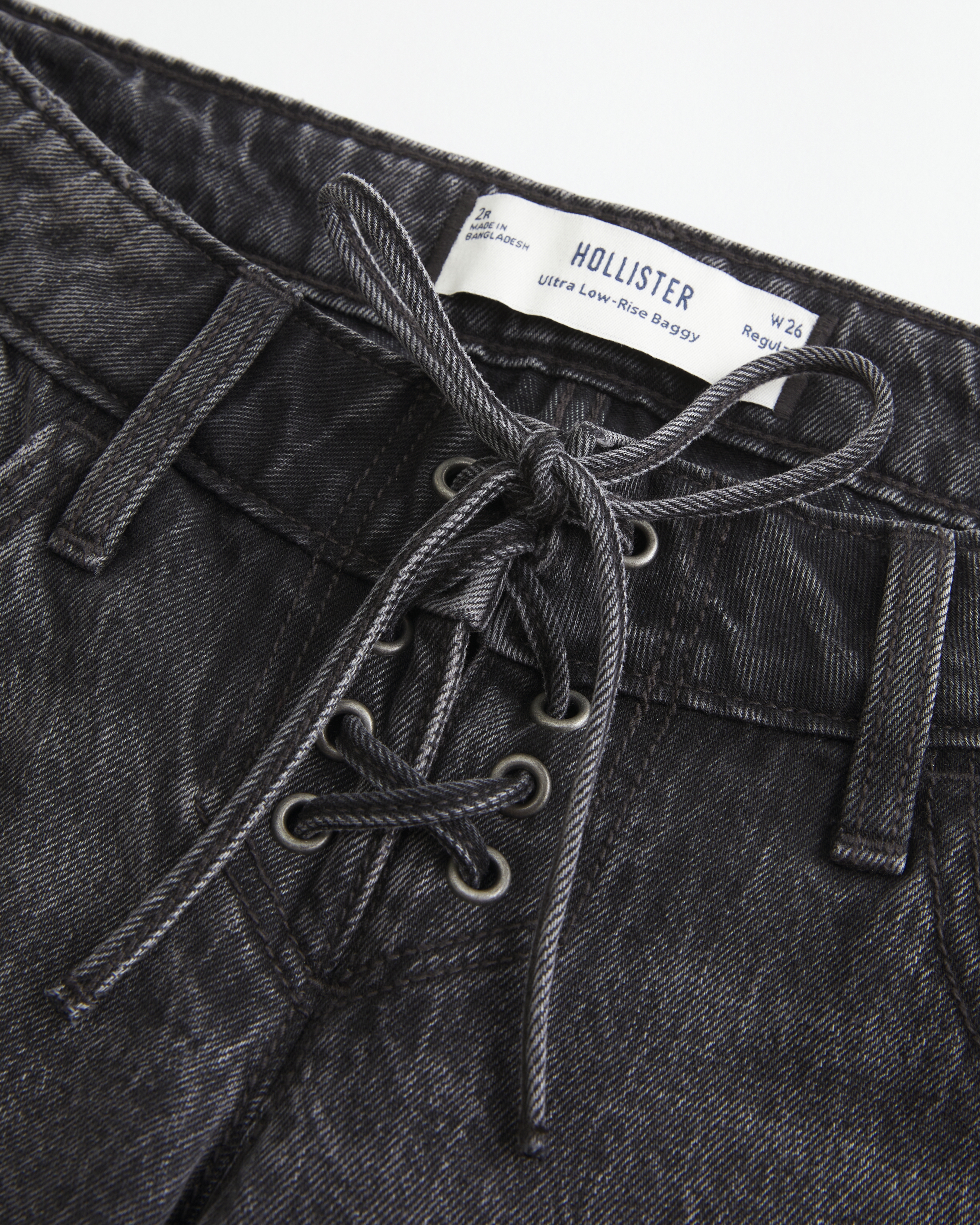 Ultra Low-Rise Washed Black Lace-Up Baggy Jeans