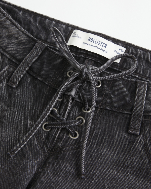 Ultra Low-Rise Washed Black Lace-Up Baggy Jeans