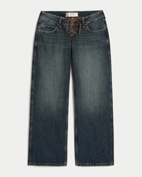 Ultra Low-Rise Dark Wash Lace-Up Baggy Jeans