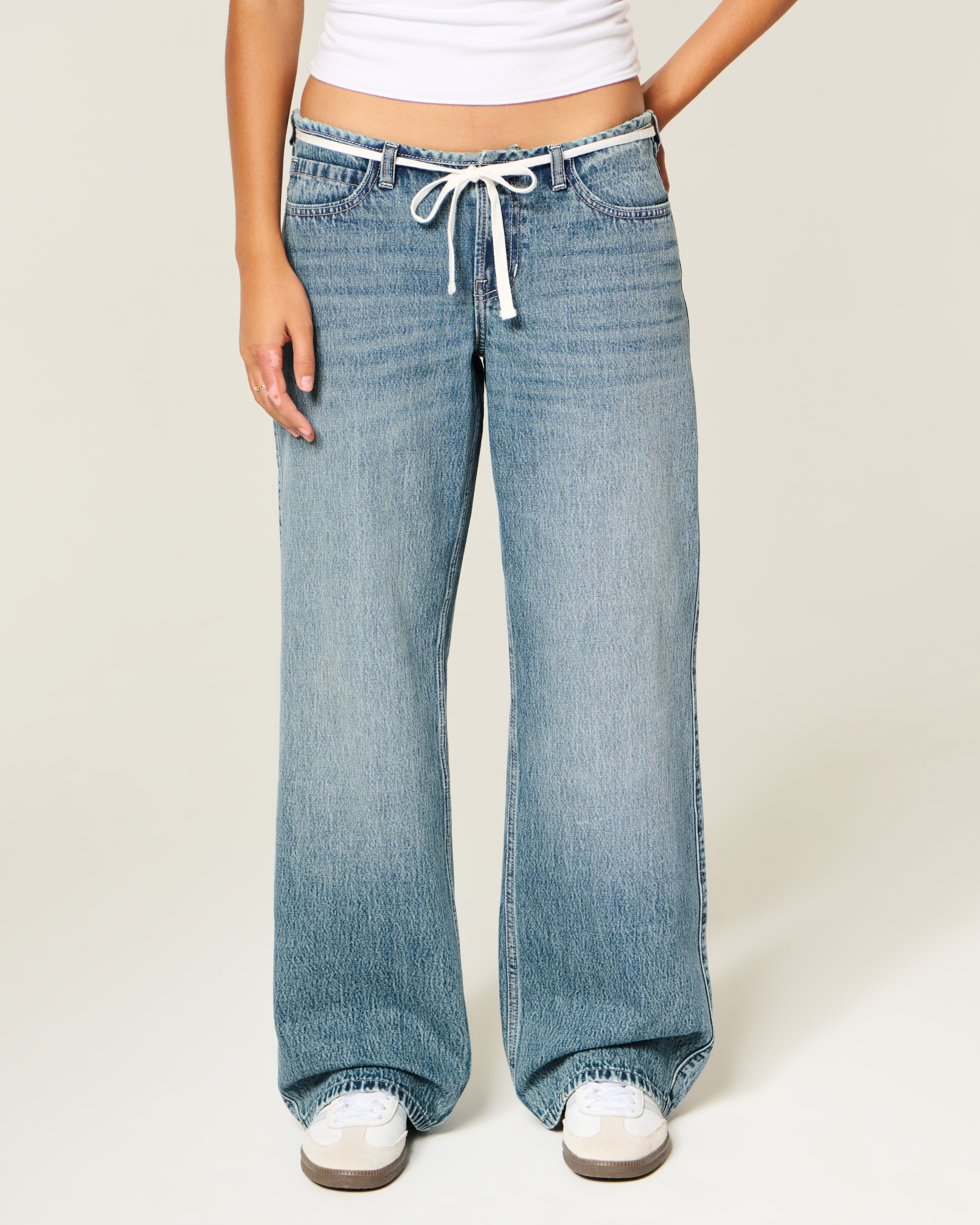 Ultra Low-Rise Medium Wash Mini Waistband Shoelace Baggy Jeans