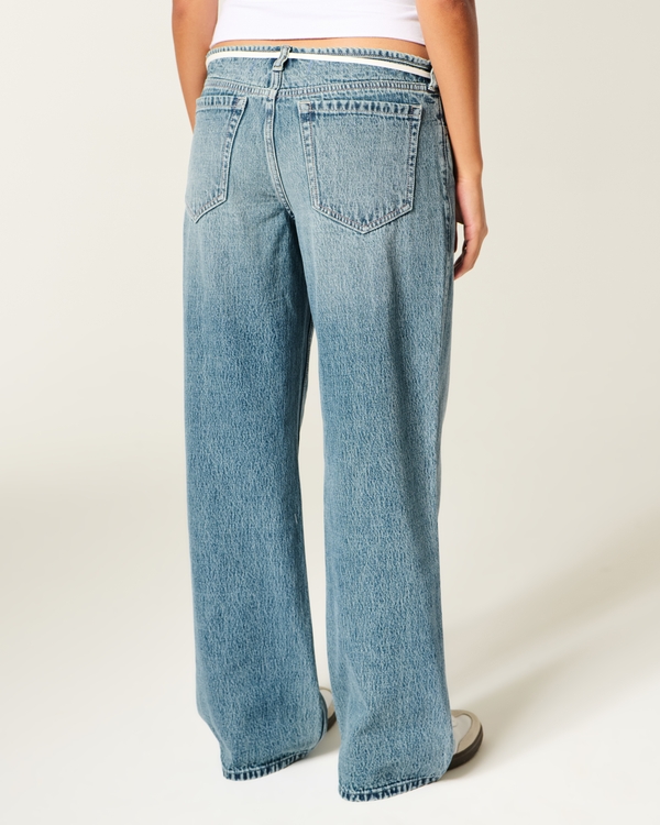 Ultra Low-Rise Medium Wash Mini Waistband Shoelace Baggy Jeans