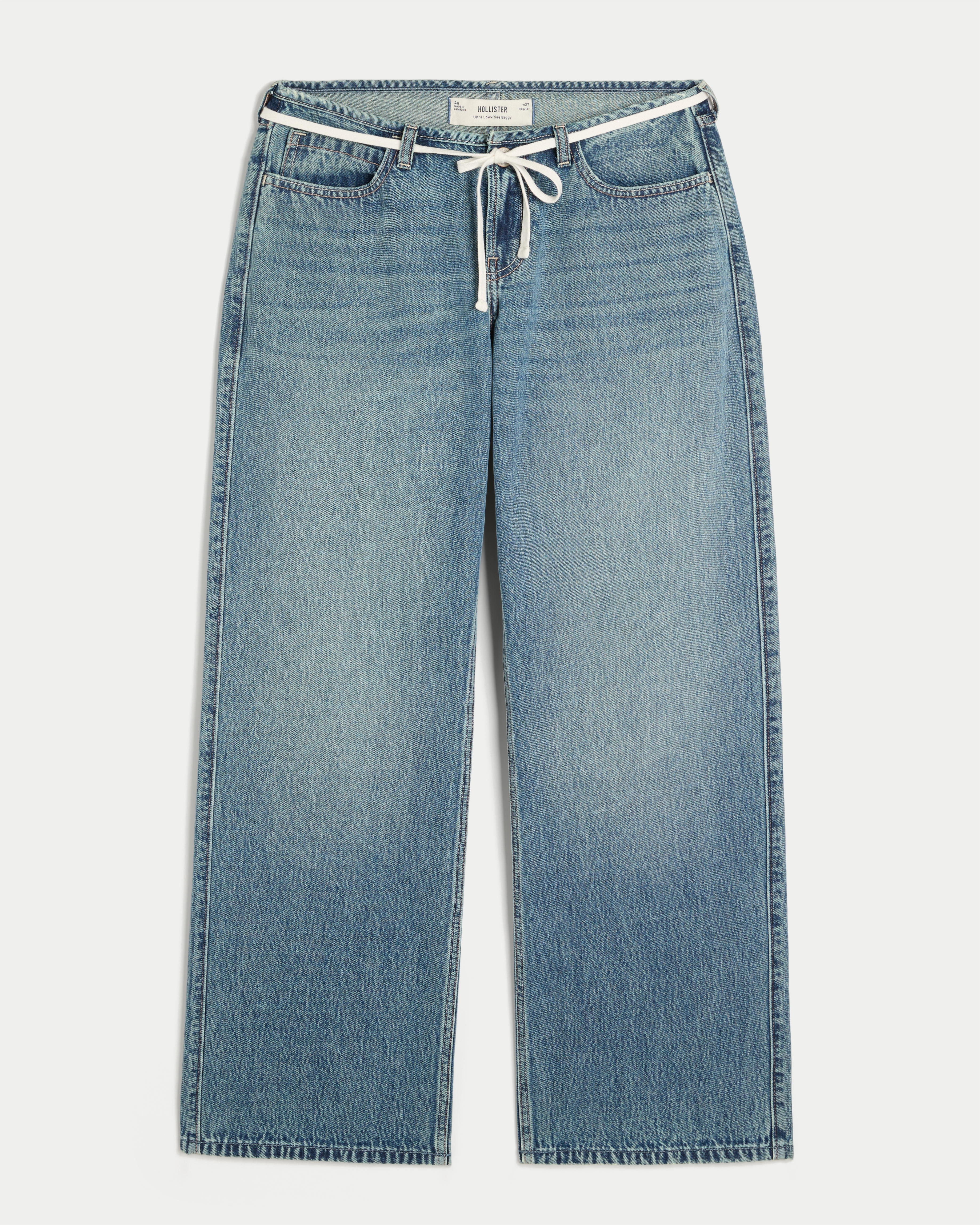 Ultra Low-Rise Medium Wash Mini Waistband Shoelace Baggy Jeans