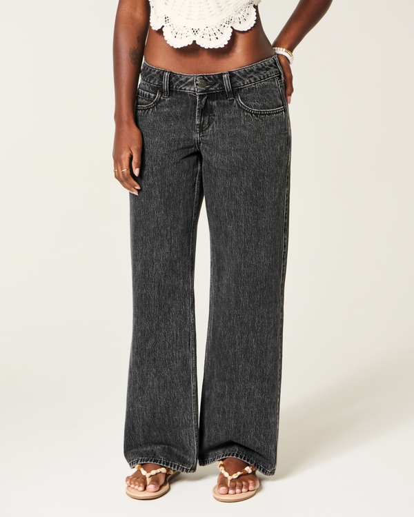 Ultra Low-Rise Washed Black Buckle Back Baggy Jeans