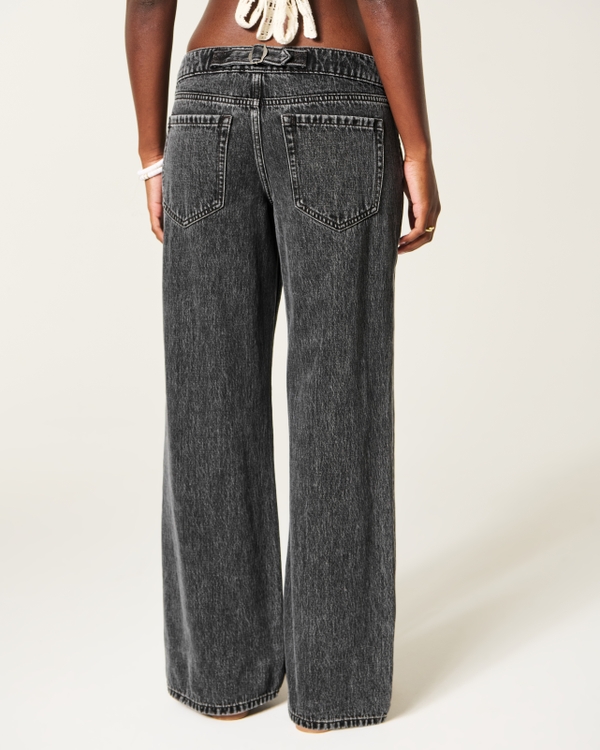 Ultra Low-Rise Washed Black Buckle Back Baggy Jeans
