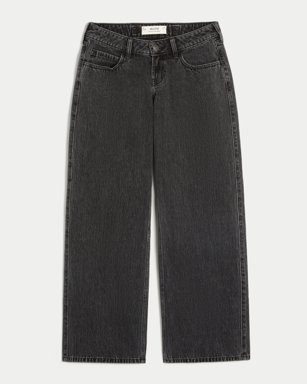 Ultra Low-Rise Washed Black Buckle Back Baggy Jeans