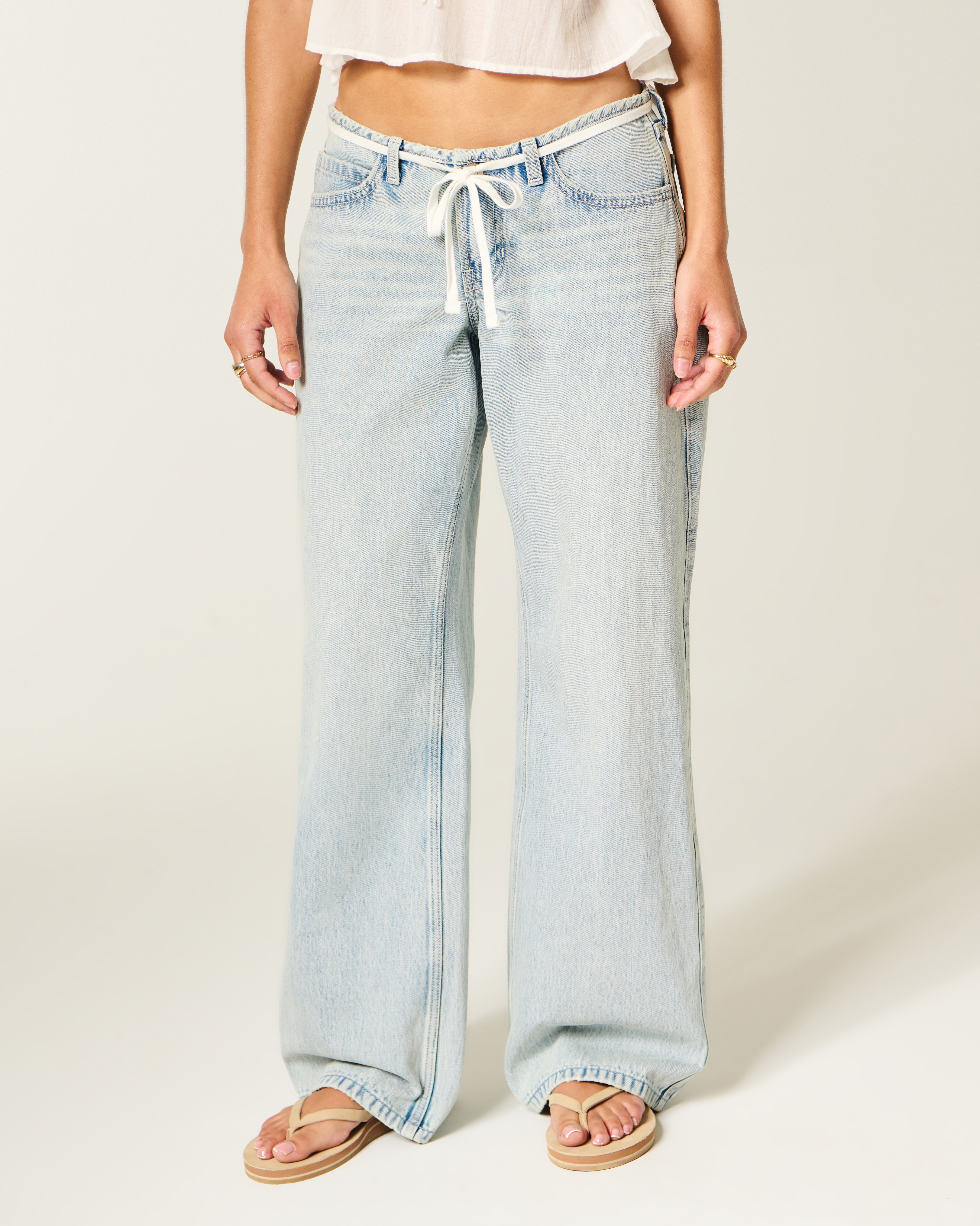 Ultra Low-Rise Light Wash Mini Waistband Shoelace Baggy Jeans