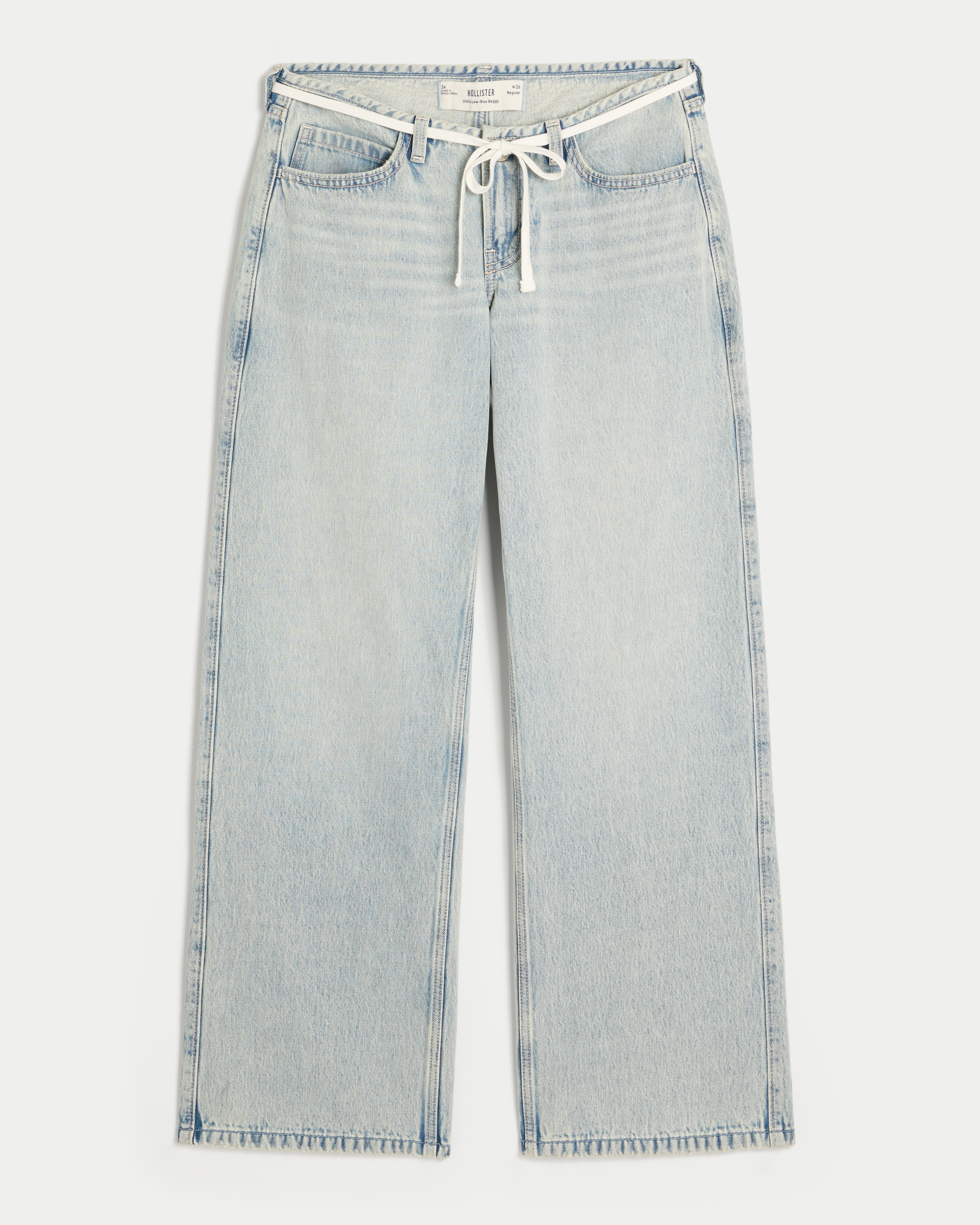 Ultra Low-Rise Light Wash Mini Waistband Shoelace Baggy Jeans