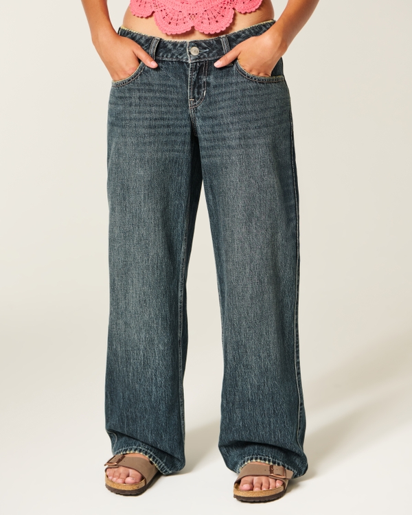 Ultra Low-Rise Dark Wash Buckle Back Baggy Jeans