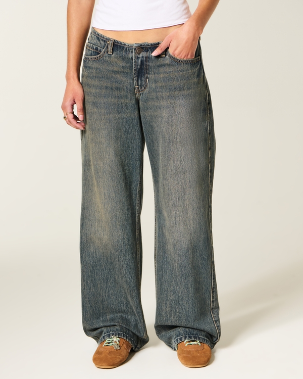 Ultra Low-Rise Mini Waistband Dark Wash Baggy Jeans