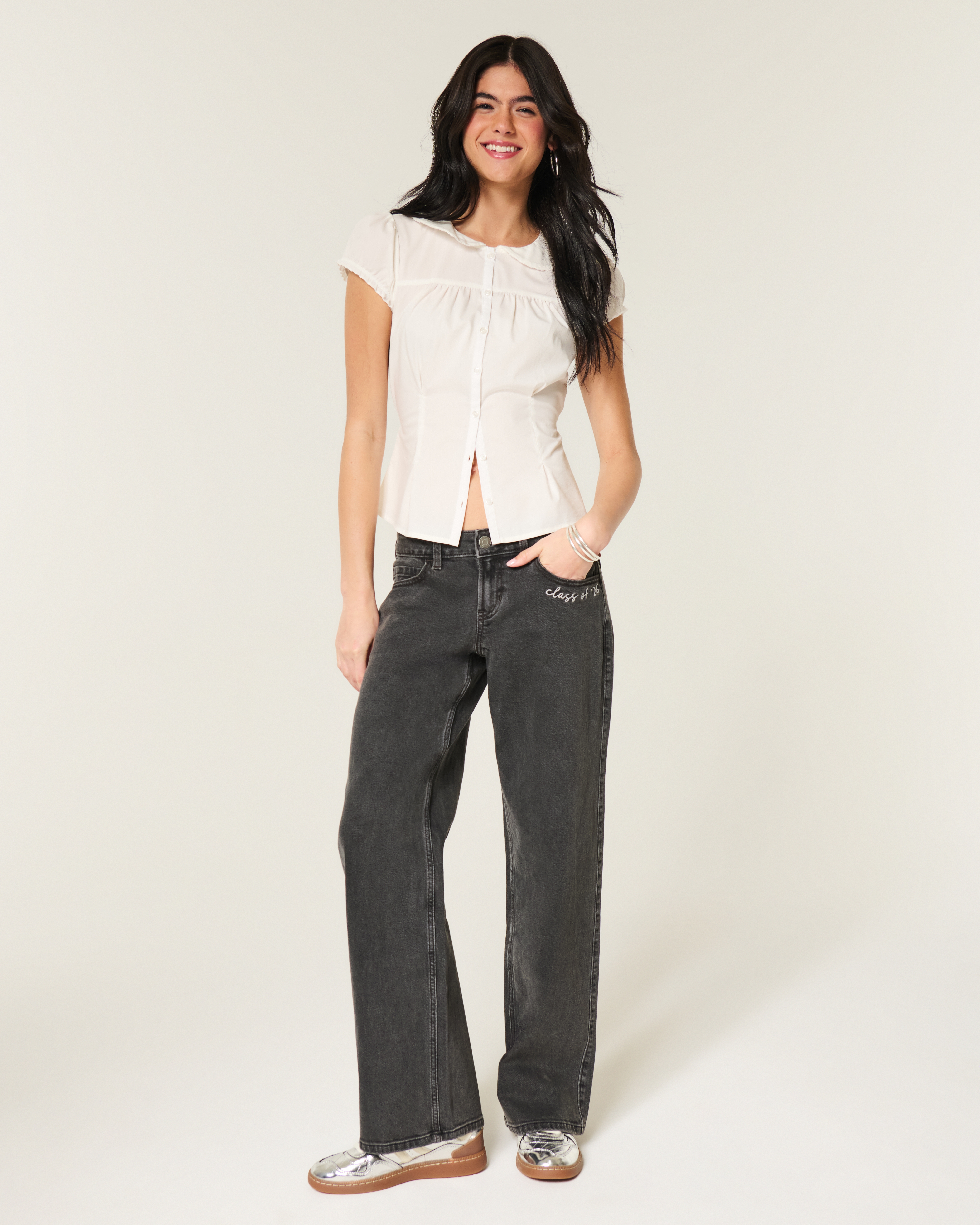 Low-Rise Washed Black Senior Graphic Baggy Jeans