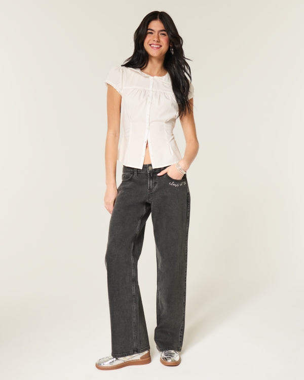 Low-Rise Washed Black Senior Graphic Baggy Jeans, Washed Black view 1