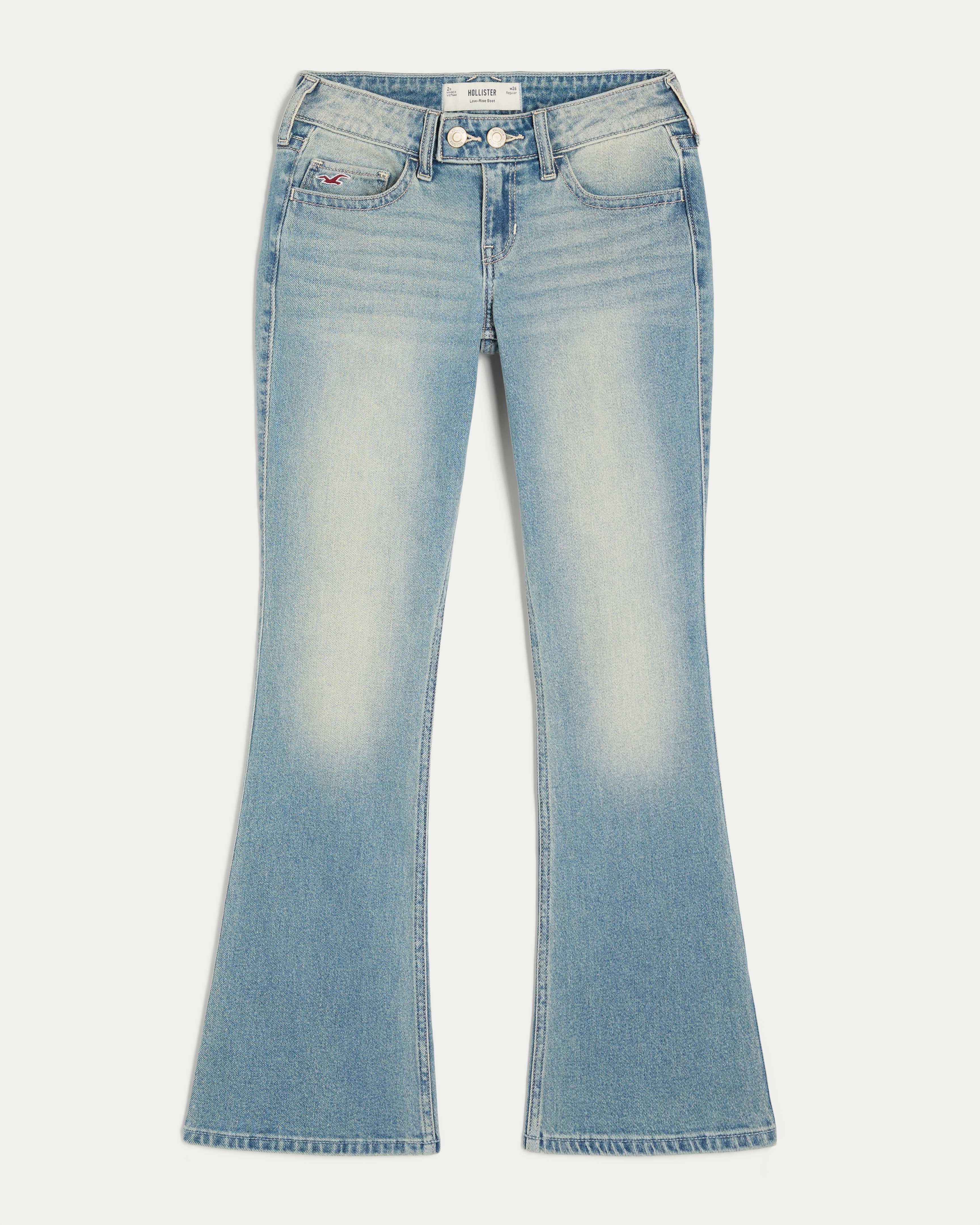 Low-Rise Medium Wash Tab Waist Y2K Bootcut Jeans