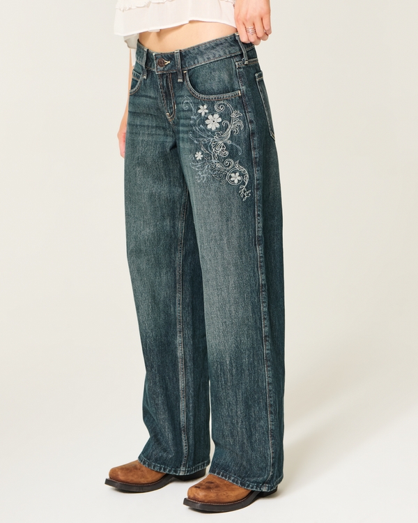 Low-Rise Dark Wash Floral Embroidery Baggy Jeans, Dark view 2