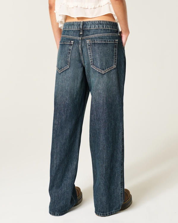 Low-Rise Dark Wash Floral Embroidery Baggy Jeans