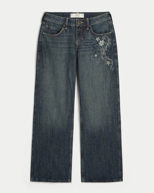 Low-Rise Dark Wash Floral Embroidery Baggy Jeans