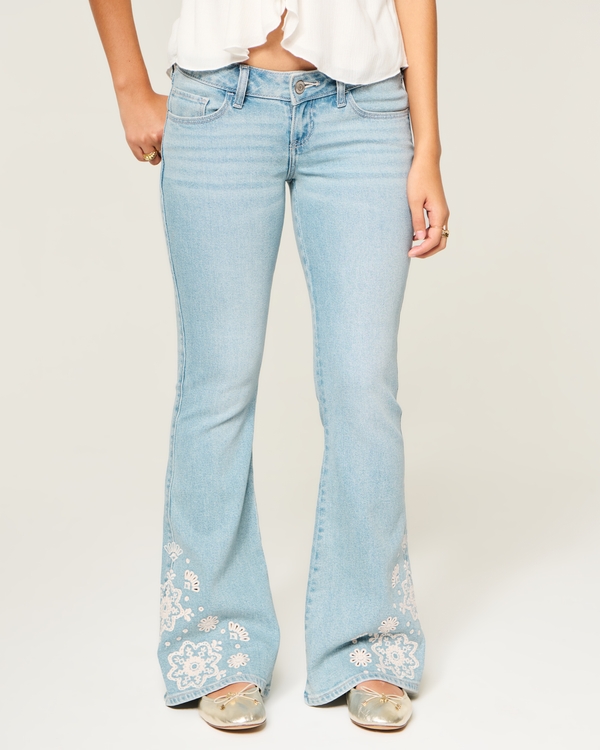 Ultra Low-Rise Light Wash Floral Embroidery Flare Jeans, Light view 2