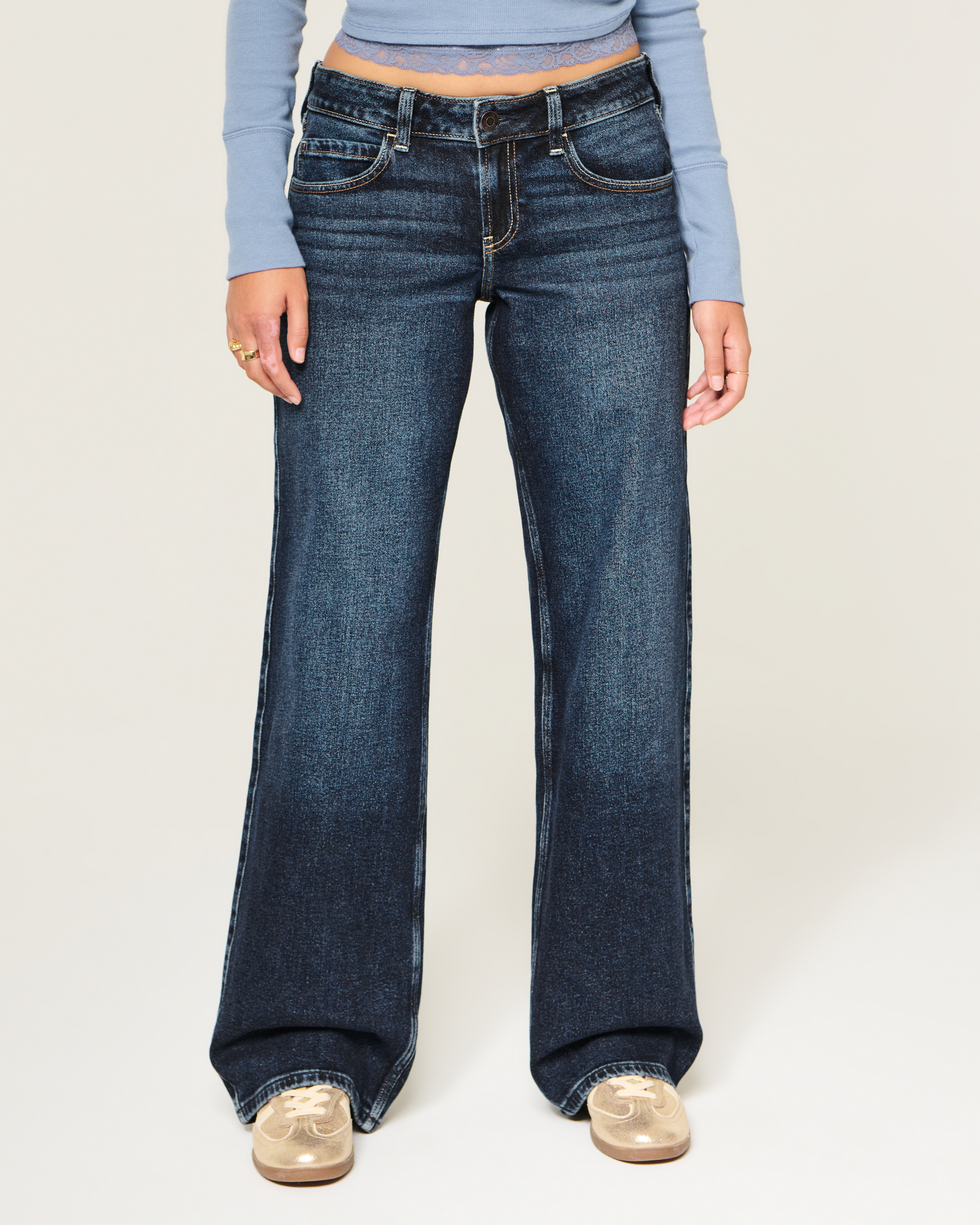 Adjustable Waist Low-Rise Dark Wash Back Buckle Baggy Jeans