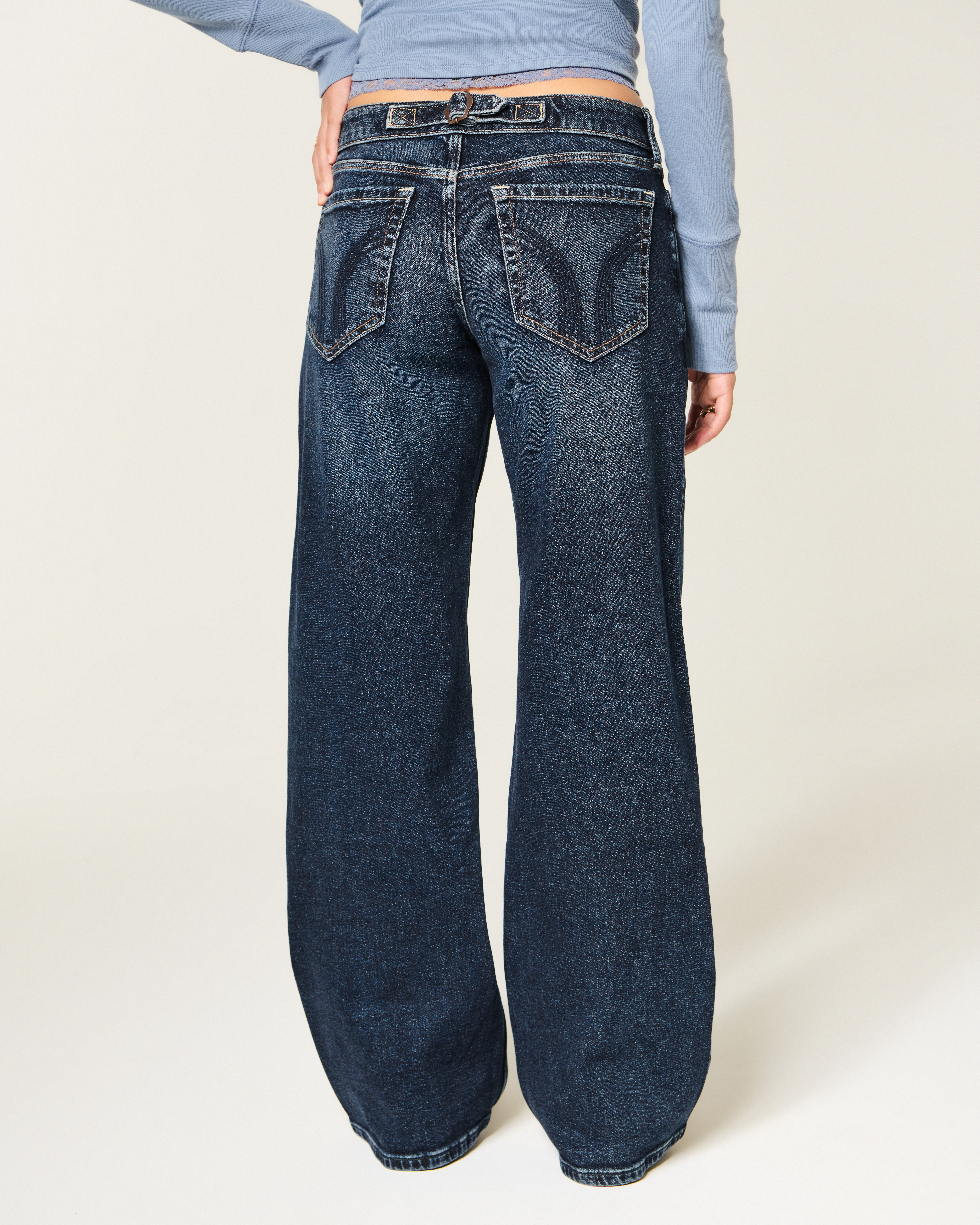 Adjustable Waist Low-Rise Dark Wash Back Buckle Baggy Jeans