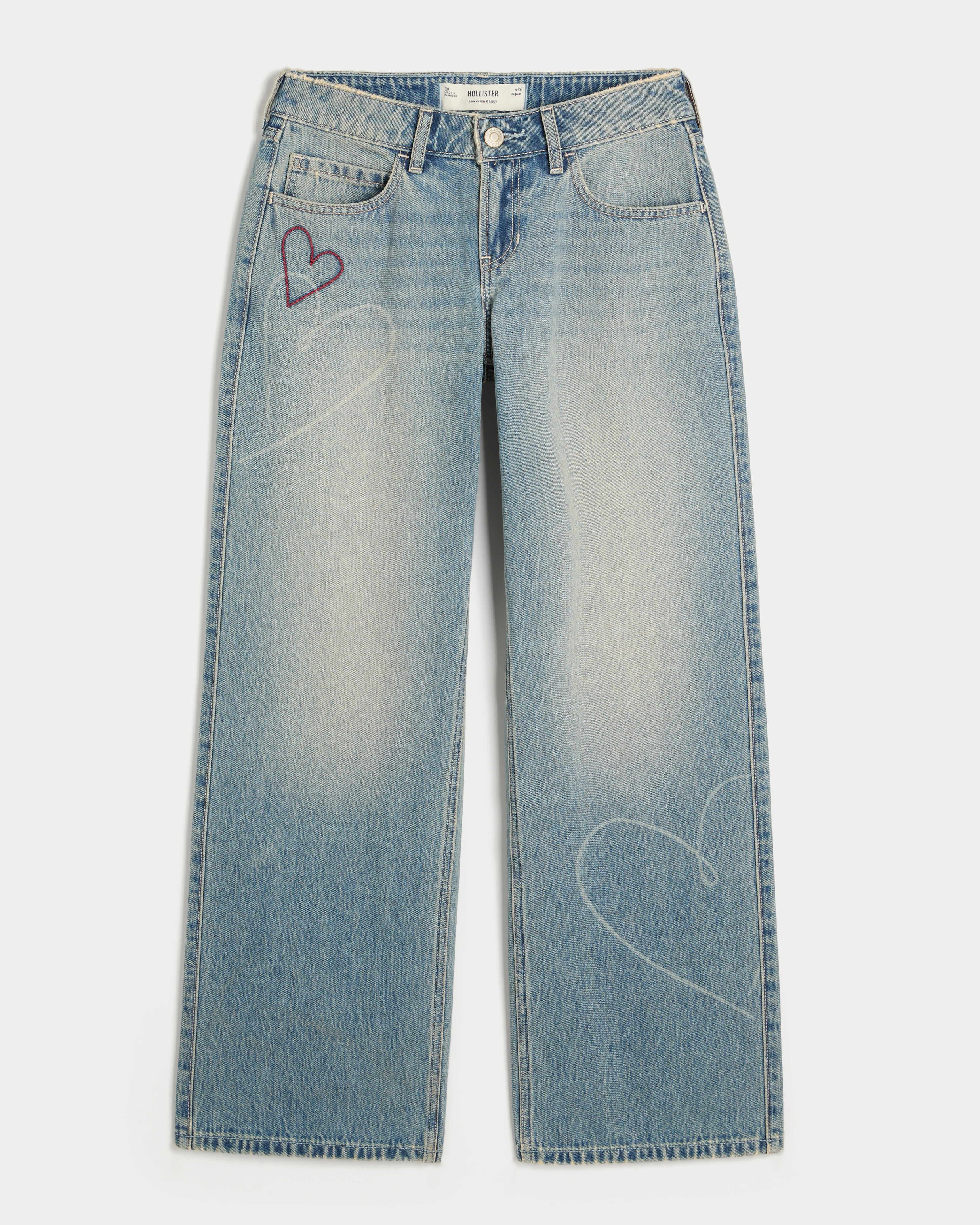 Low-Rise Medium Wash Heart Embroidery Baggy Jeans