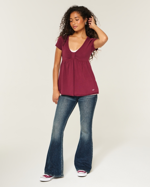 Ultra Low-Rise Dark Wash Butterfly Embroidery Flare Jeans, Dark view 1