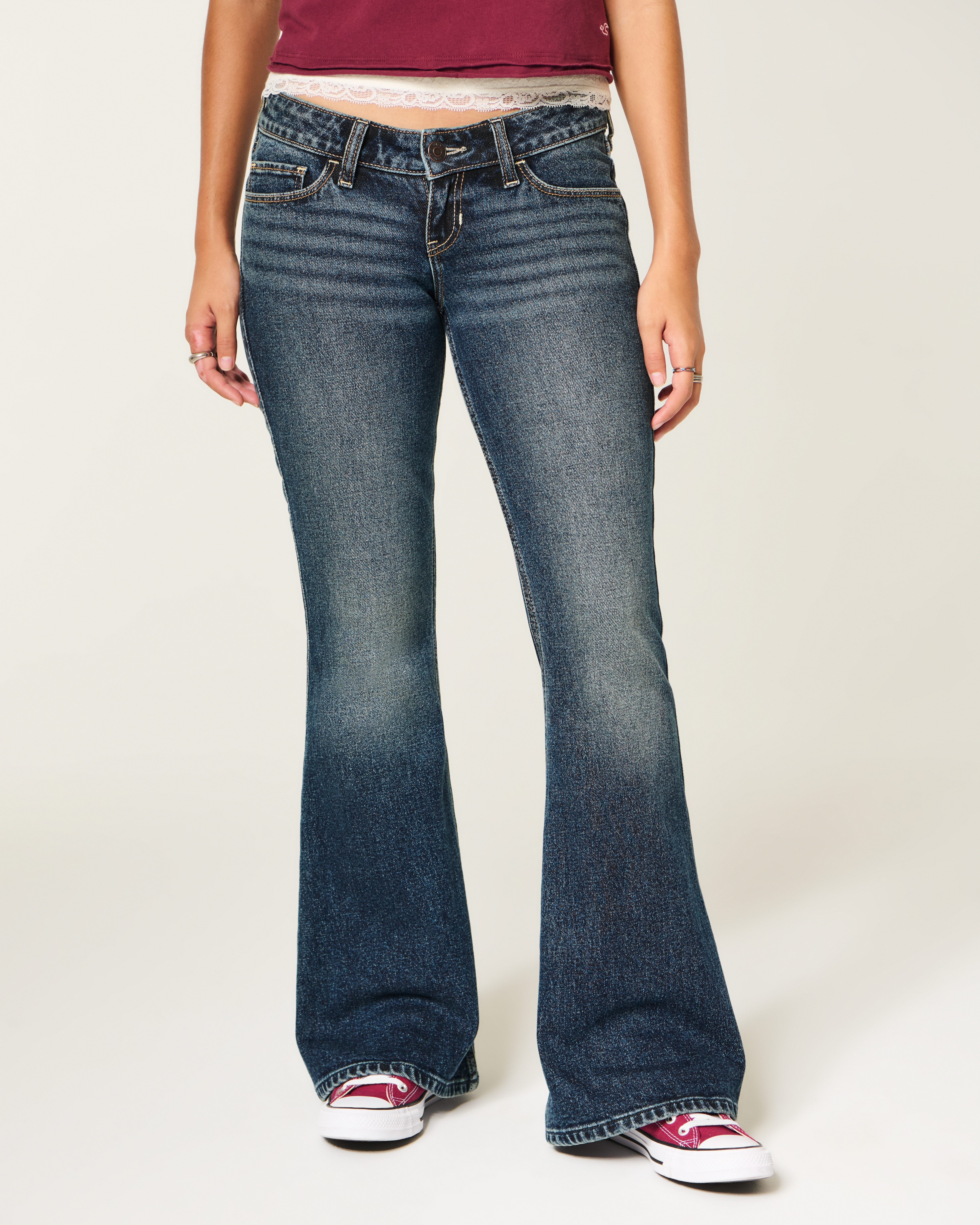 Ultra Low-Rise Dark Wash Butterfly Embroidery Flare Jeans
